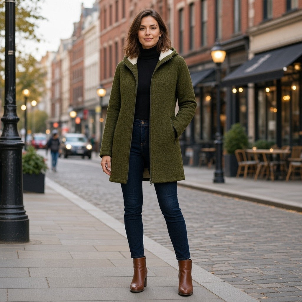Model trägt den dunkelgrünen Gipfelglück Strickfleecemantel offen in einer Stadtstraße“